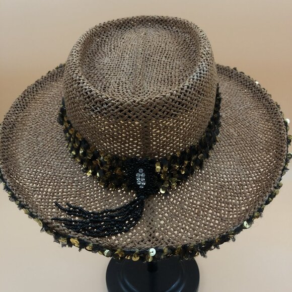 Boho Luxe Straw Hat Feather Beaded Sequin Band Festival Resort Statement main image 13